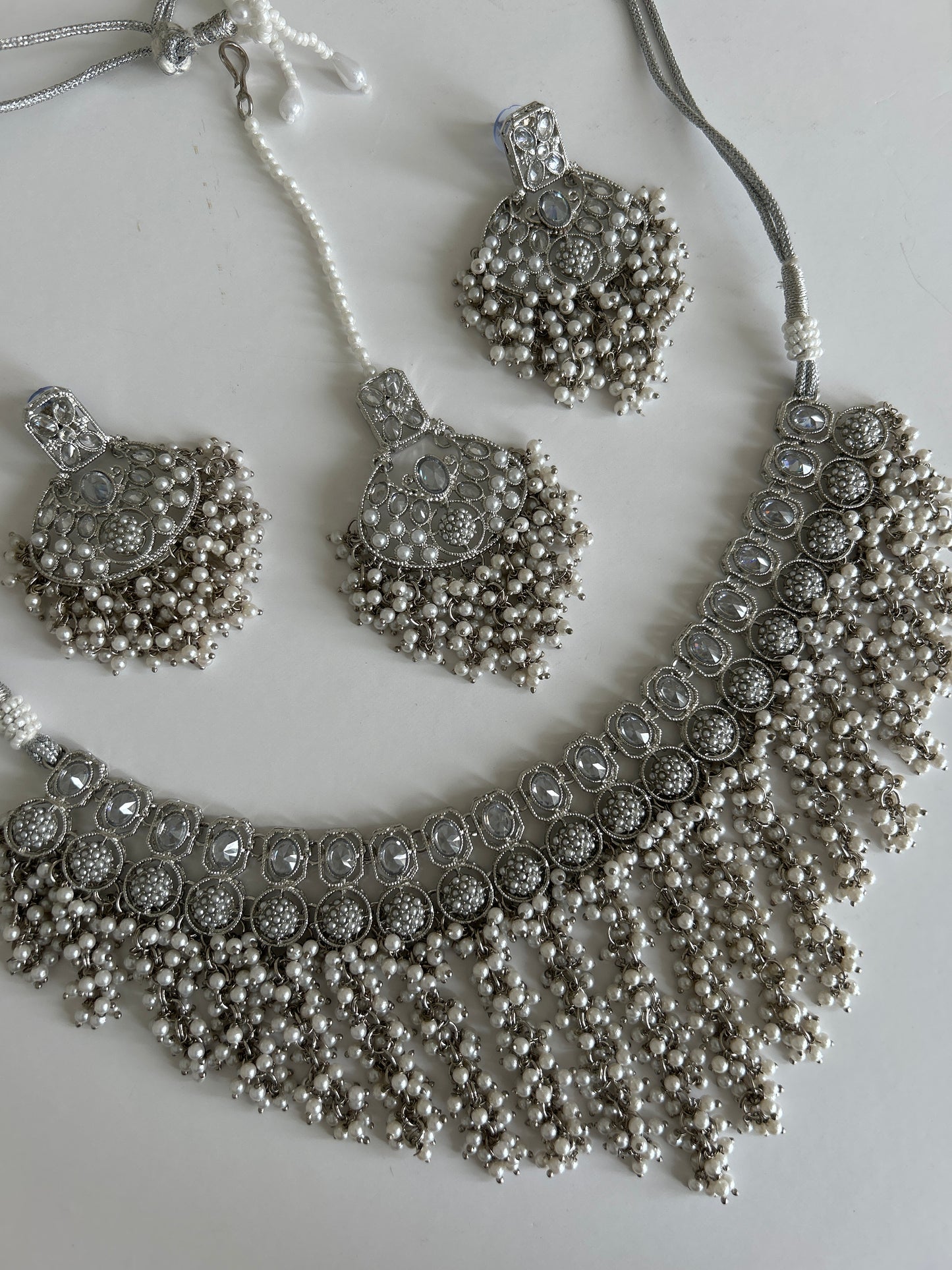 Silver Waterfall Pearl Necklace Earrings Tikka Set
