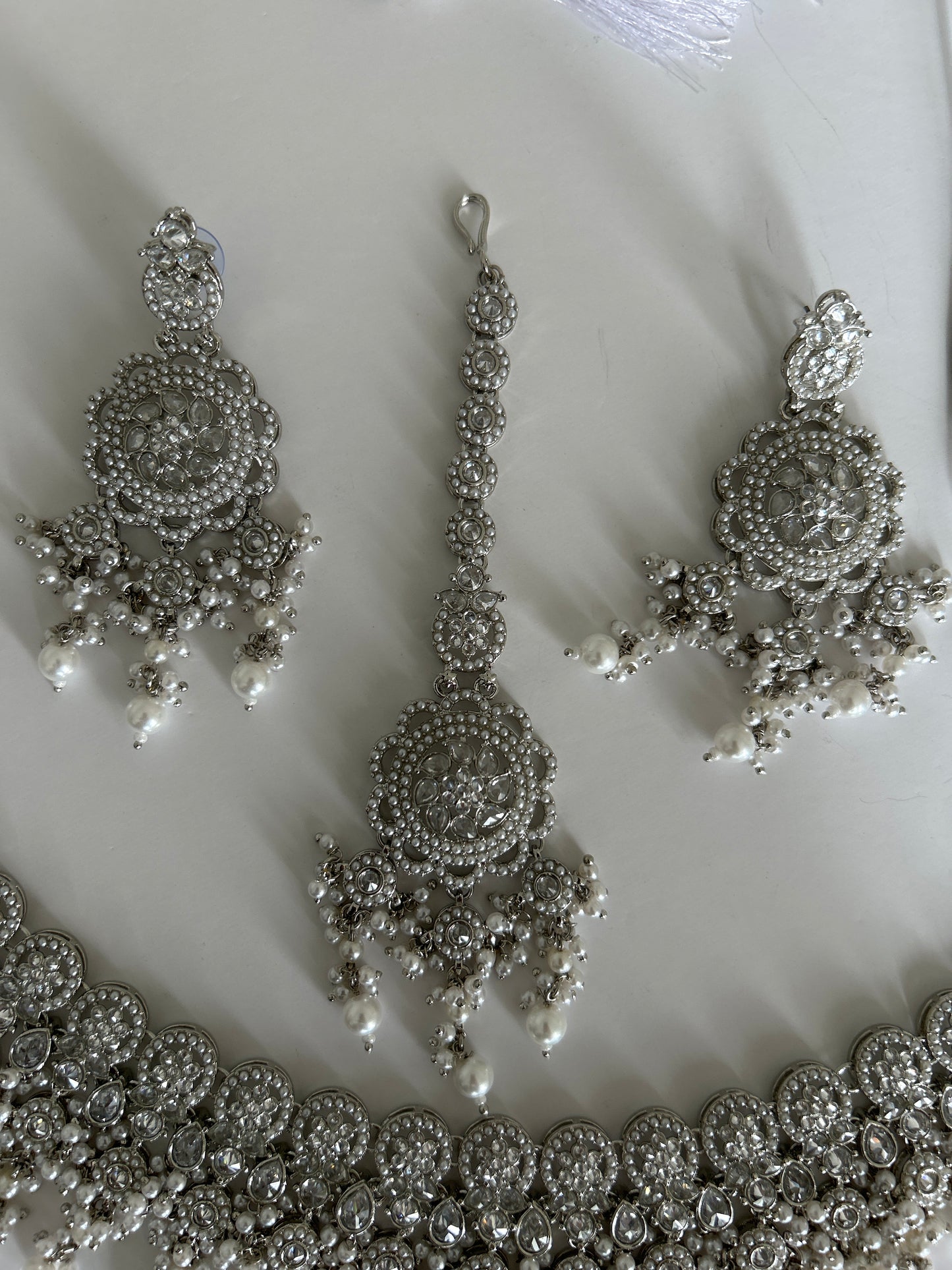 Rainfall Drop Silver Necklace Earrings Tikka Set