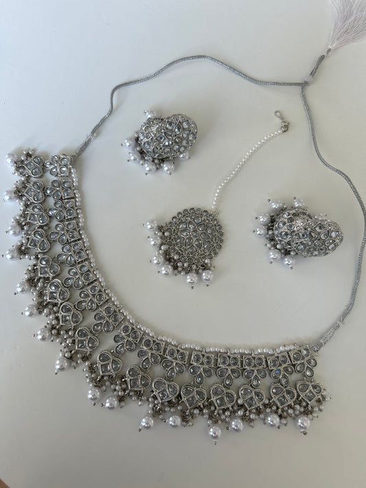 Silver Ace Crystal Necklace Earrings Tikka Set