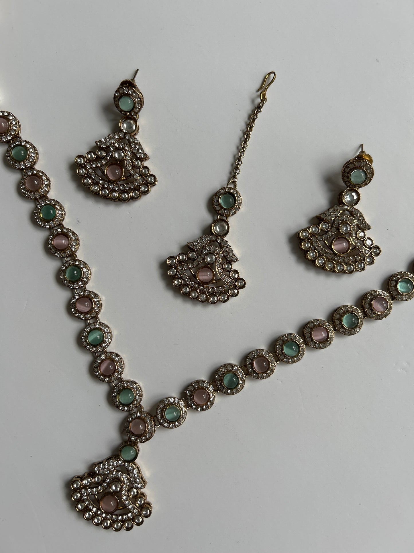Pink Green Necklace Earrings Tikka Set