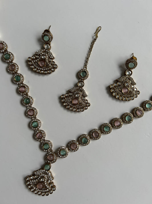 Pink Green Necklace Earrings Tikka Set