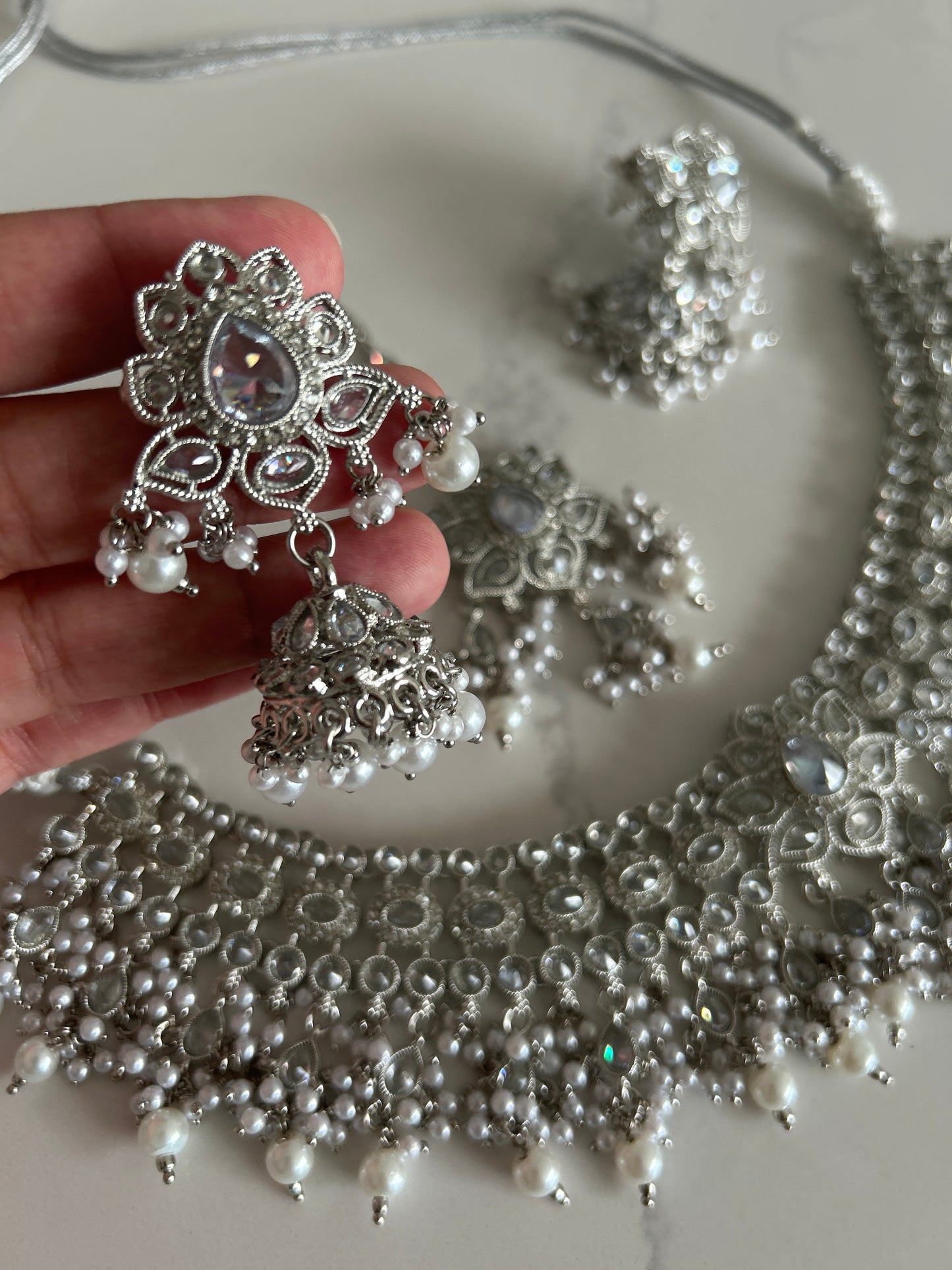 Silver Jumke Earring Tikka Necklace Set