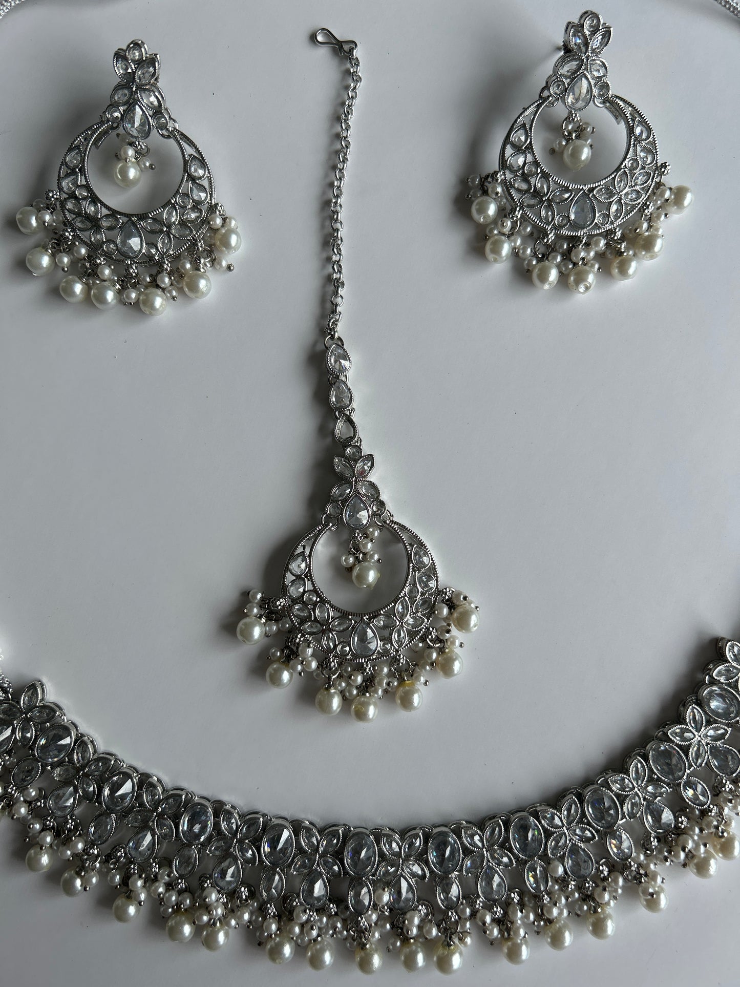 Silver Pearl Necklace Earrings Tikka Set