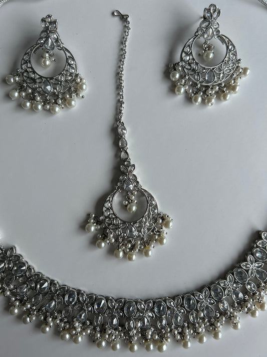 Silver Pearl Necklace Earrings Tikka Set