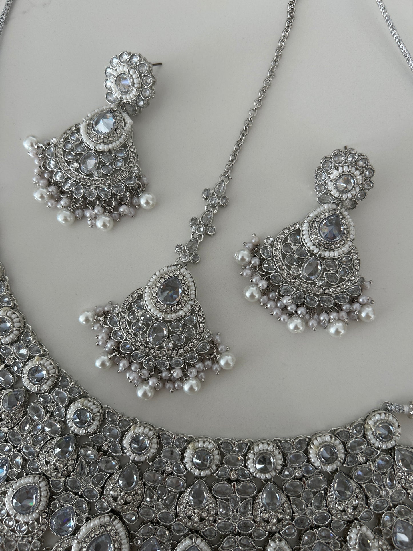 Silver Glam Necklace Earrings Tikka Set