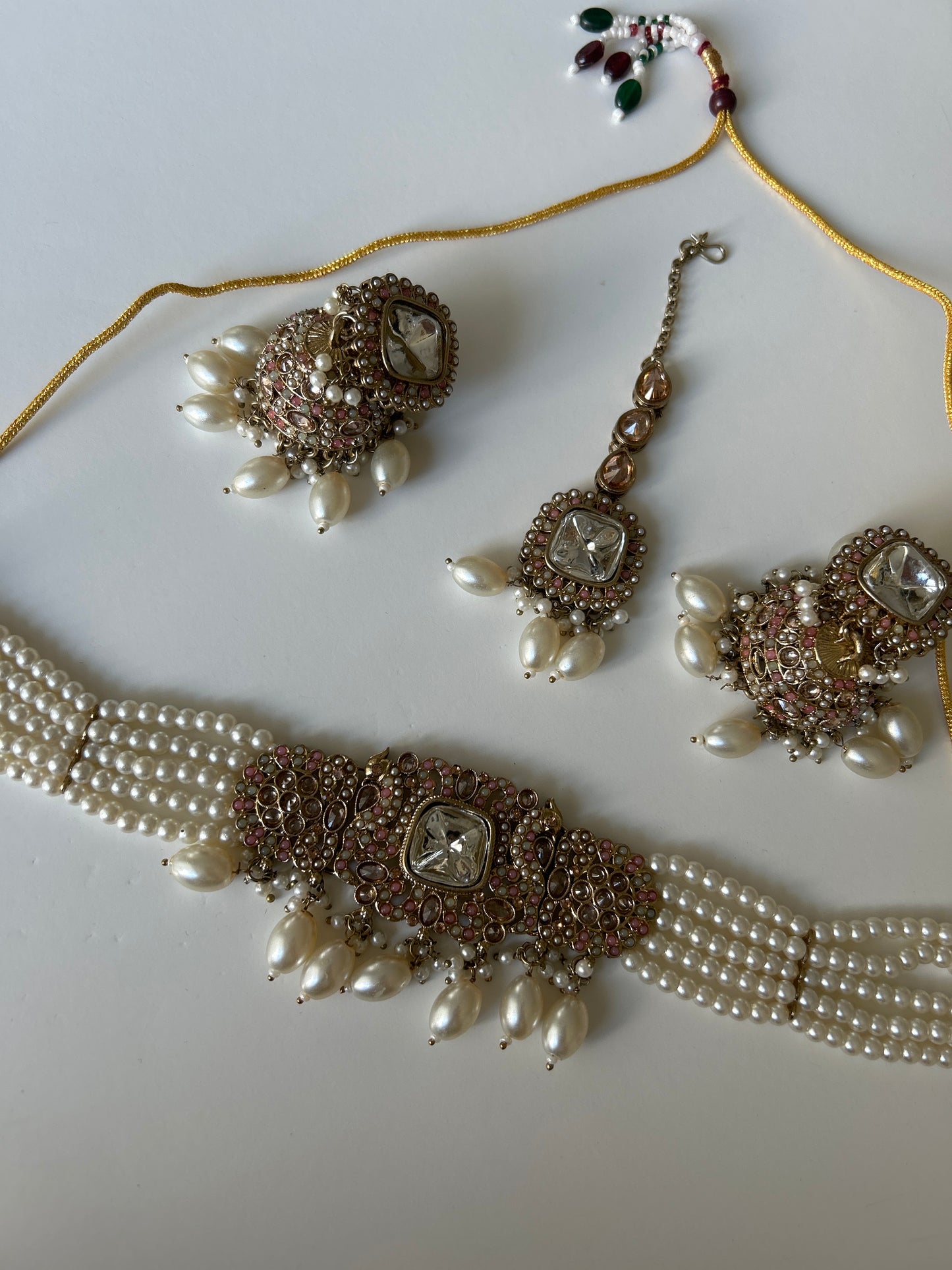 Suede Pink Pearl Necklace Earrings Tikka Set