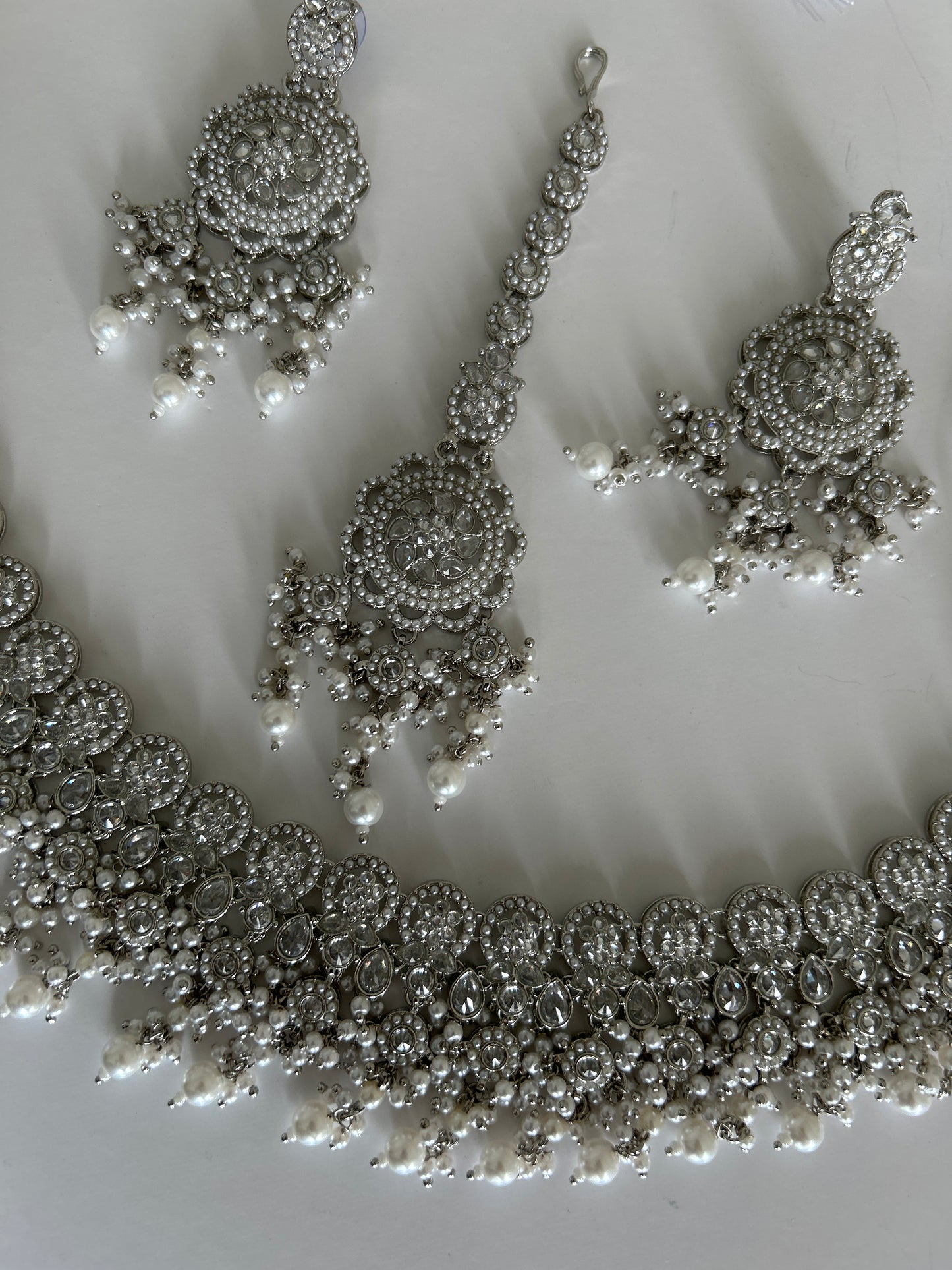 Rainfall Drop Silver Necklace Earrings Tikka Set