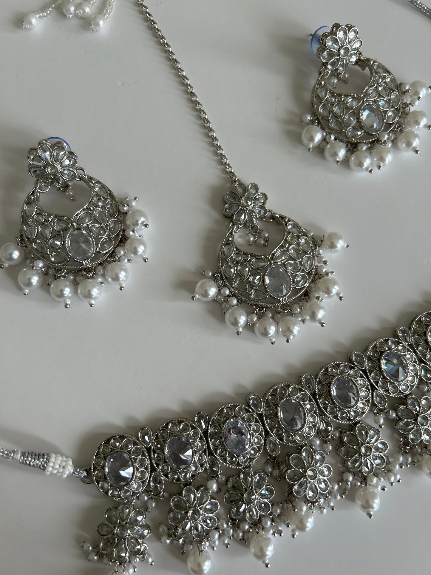 Flower Drop Crystal Necklace Earrings Tikka Set