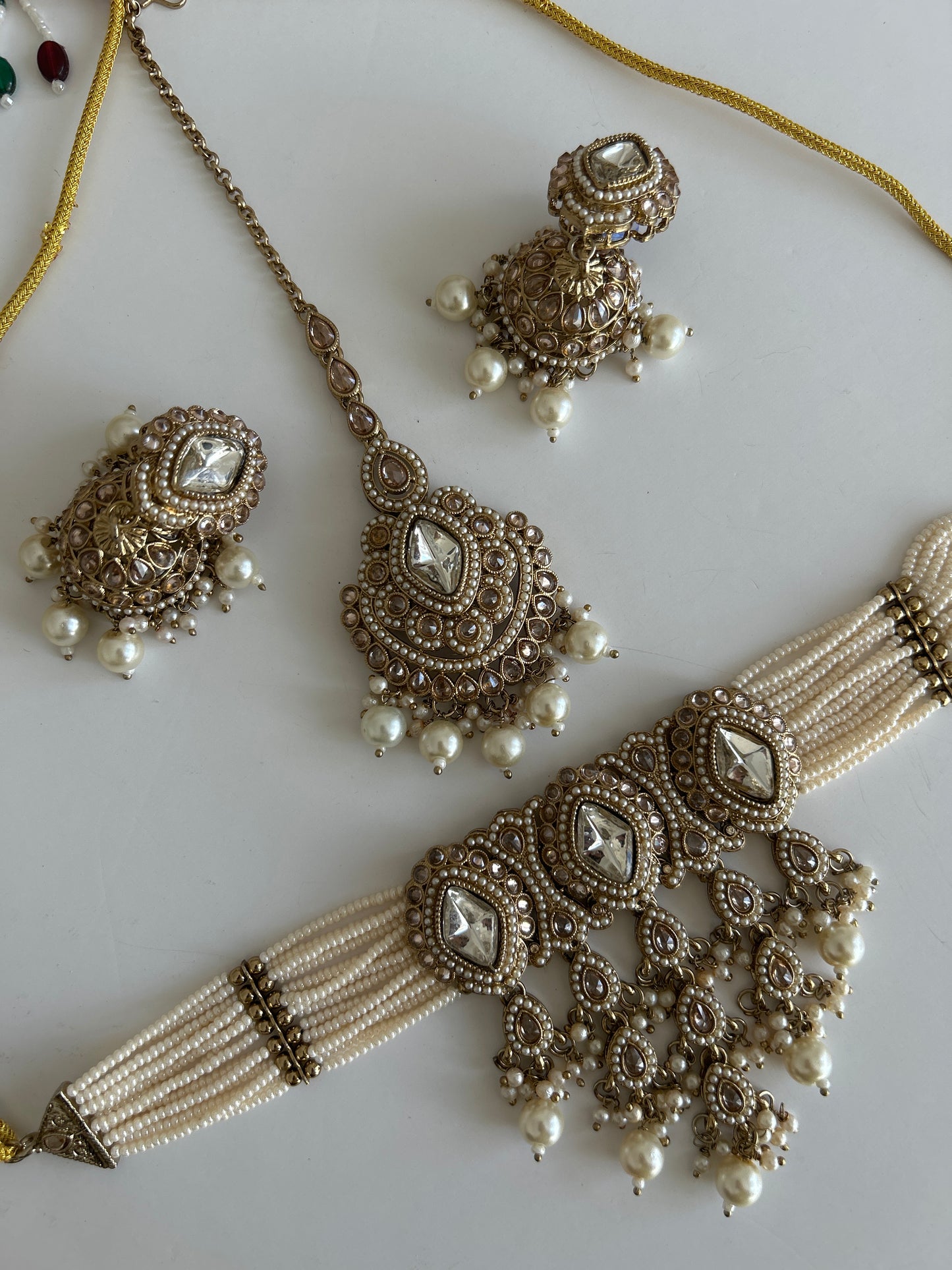 Pearl Diamond Shape Drop Necklace Earrings Tikka Set