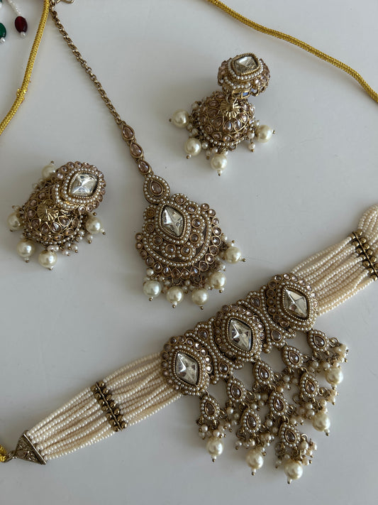 Pearl Diamond Shape Drop Necklace Earrings Tikka Set
