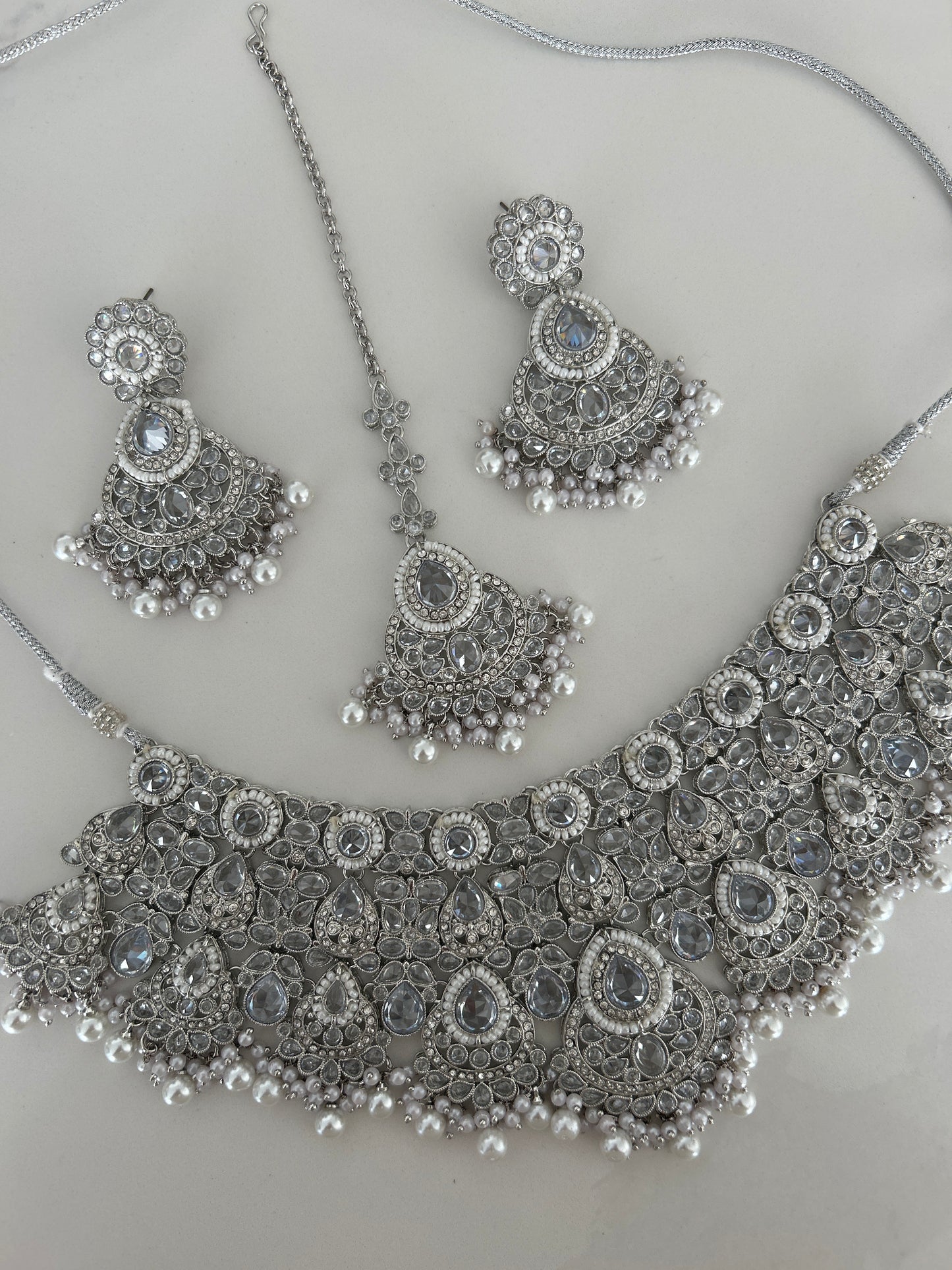 Silver Glam Necklace Earrings Tikka Set