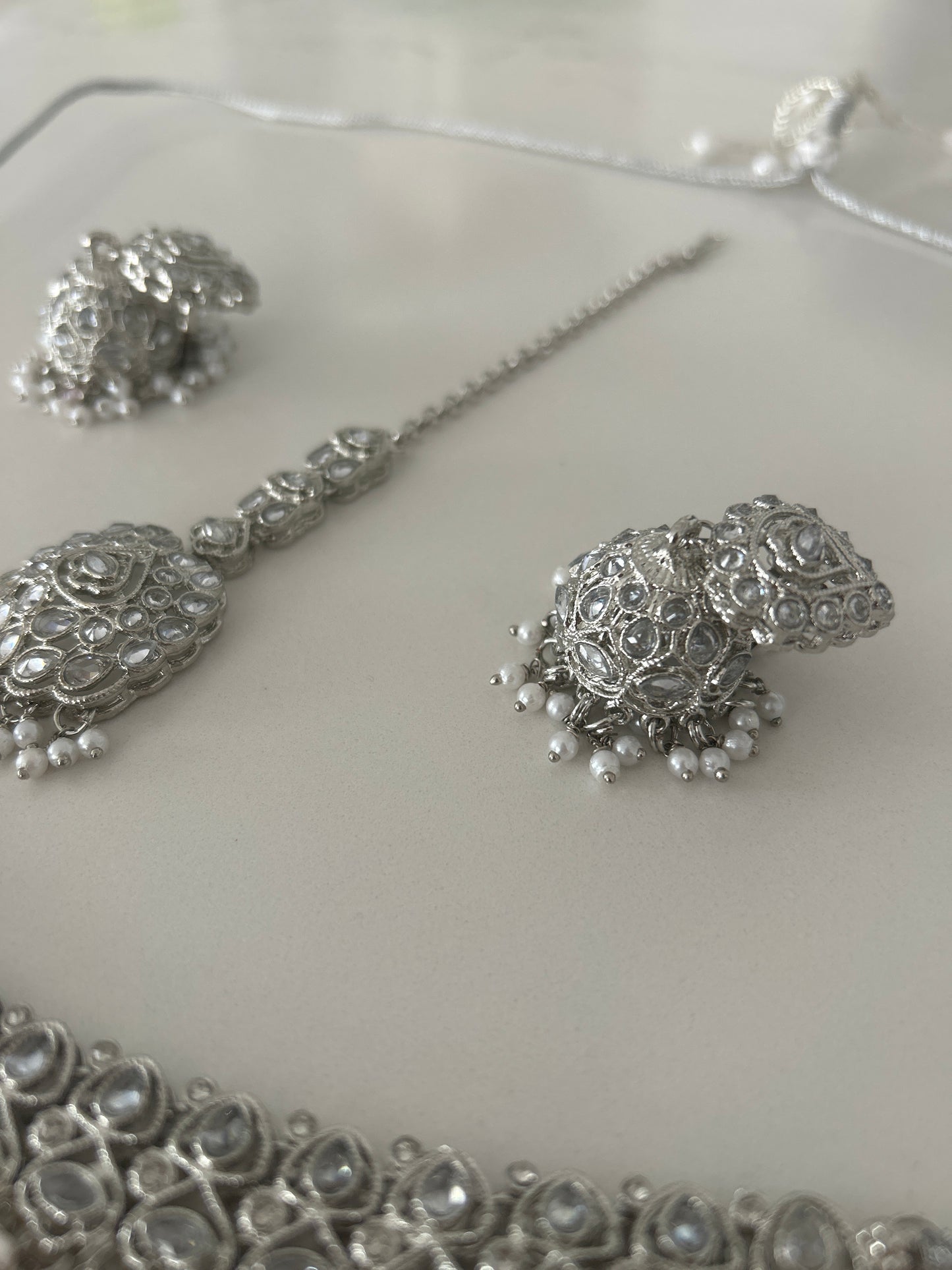 Silver Necklace Earrings Jumka Tikka Set