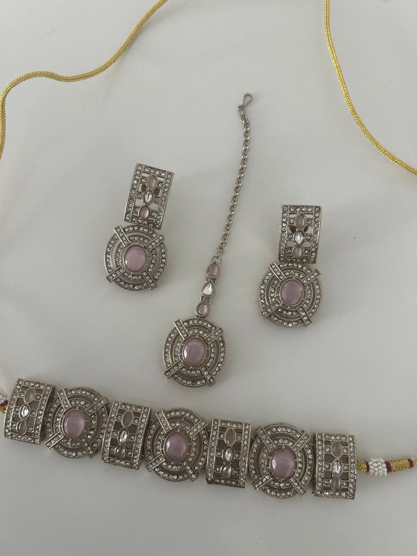 Geo Pink Necklace Earrings Tikka Set