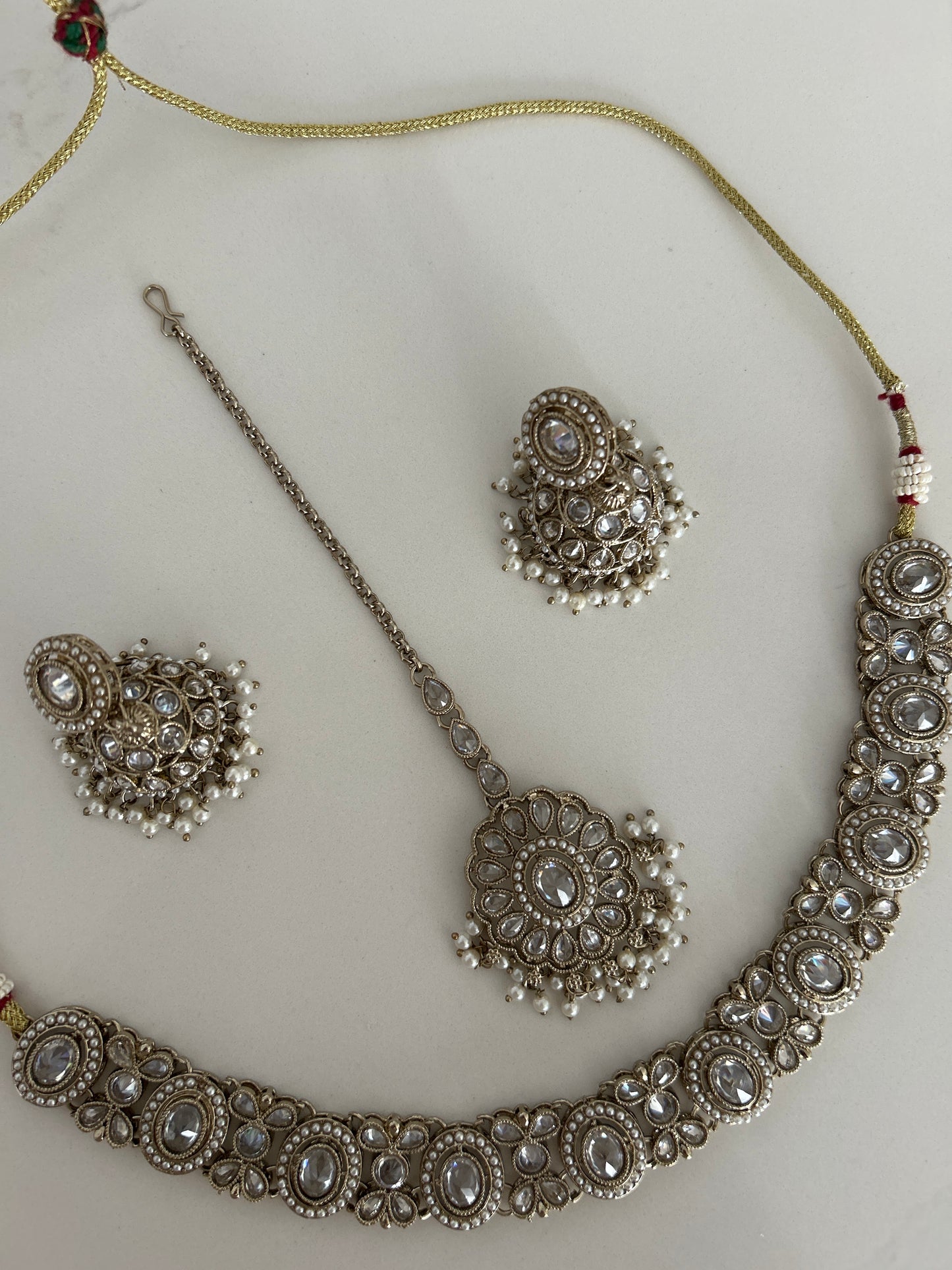 White Elegant Necklace Earrings Tikka Set