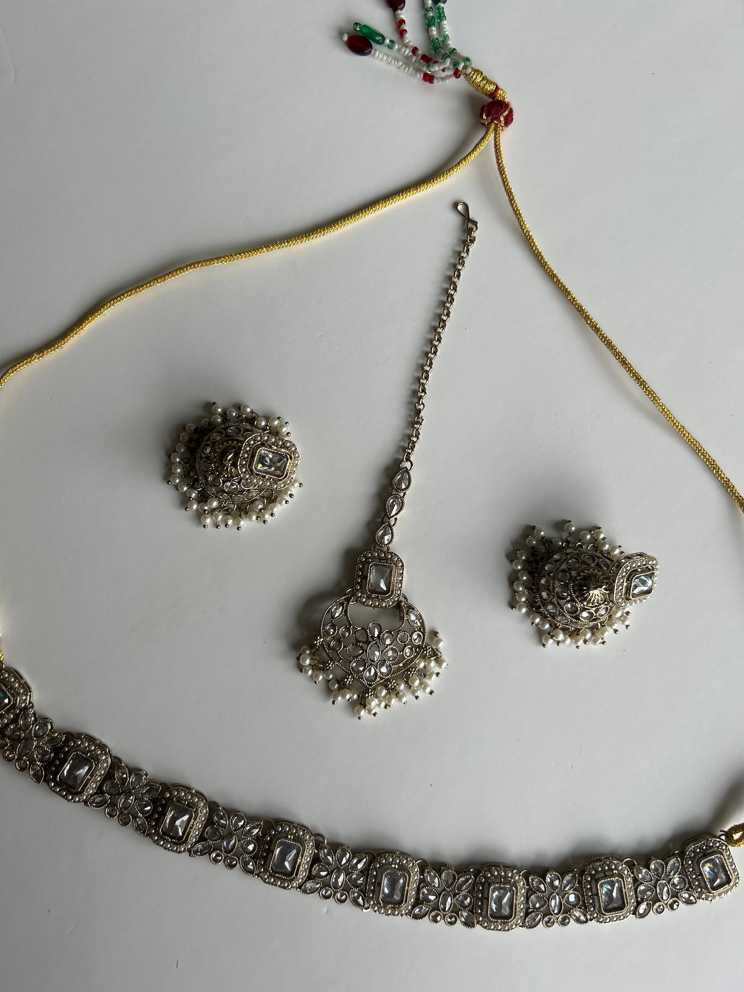 Rectangle Flower Crystal Necklace Earrings Tikka Set