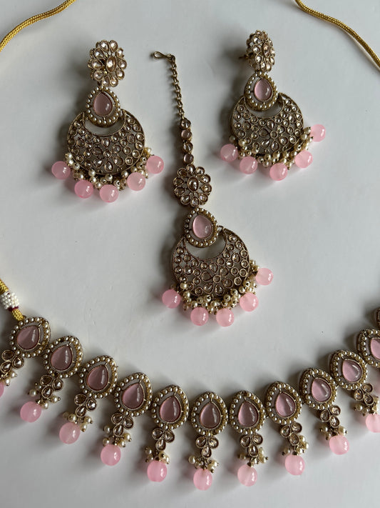Pink Pearl Necklace Earrings Tikka Set