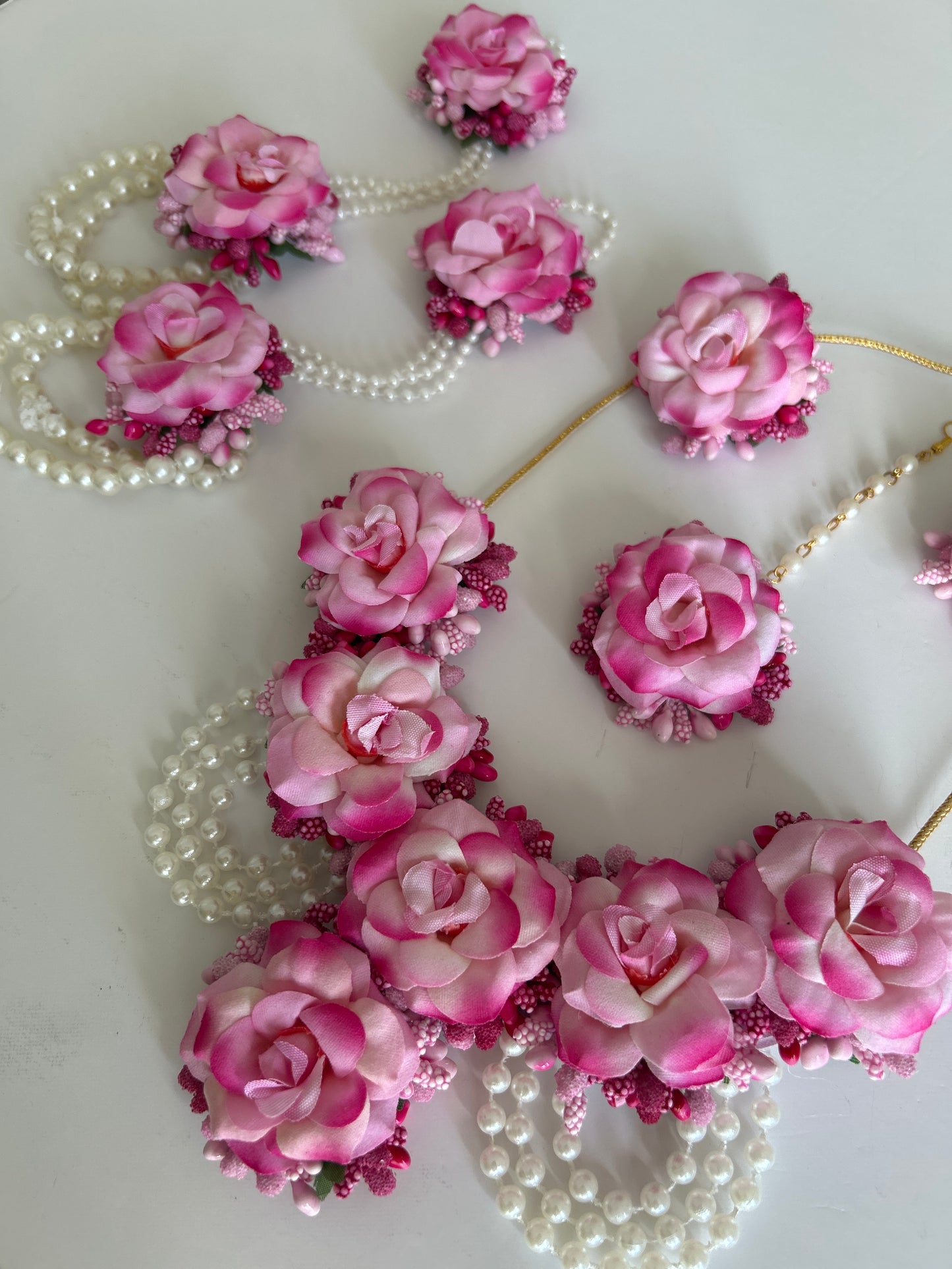 Pink Floral Pearl Bracelet Necklace Earrings Tikka Set