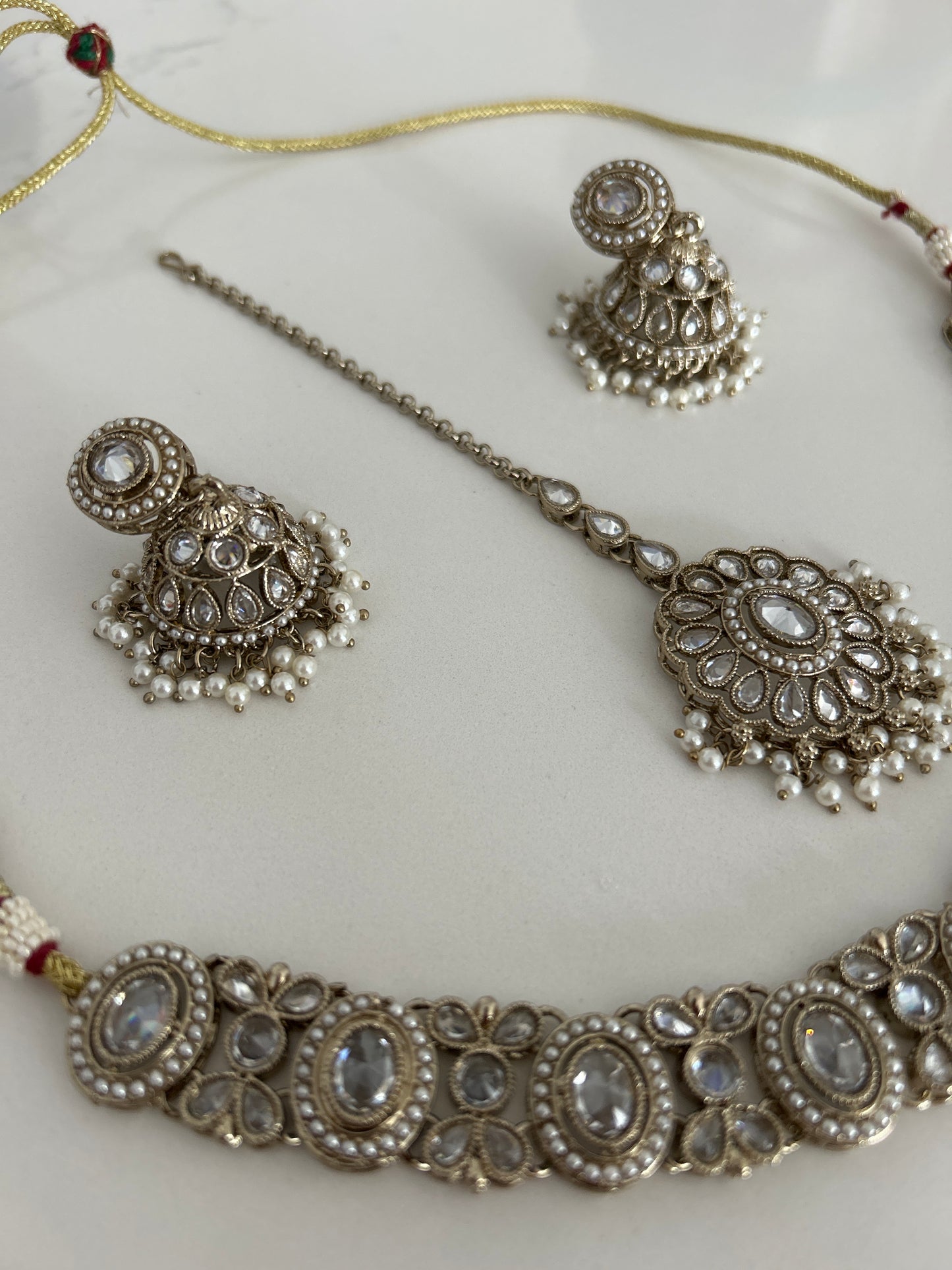 White Elegant Necklace Earrings Tikka Set