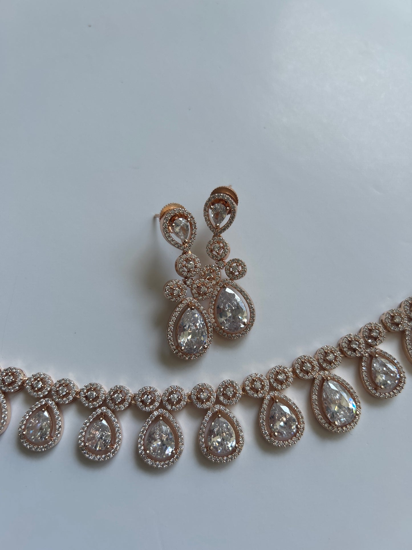 Crystal Rosegold Drop Necklace Earring Set