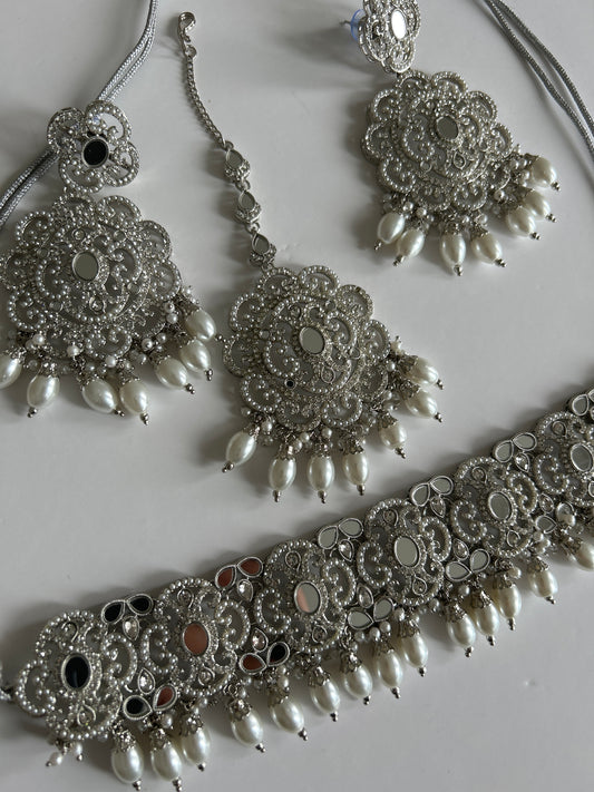 Mirrored Silver Showstopper Necklace Earrings Tikka Set