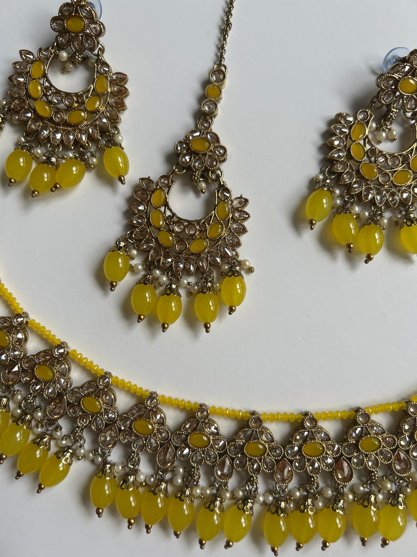 Floral Yellow Necklace Earrings Tikka Set