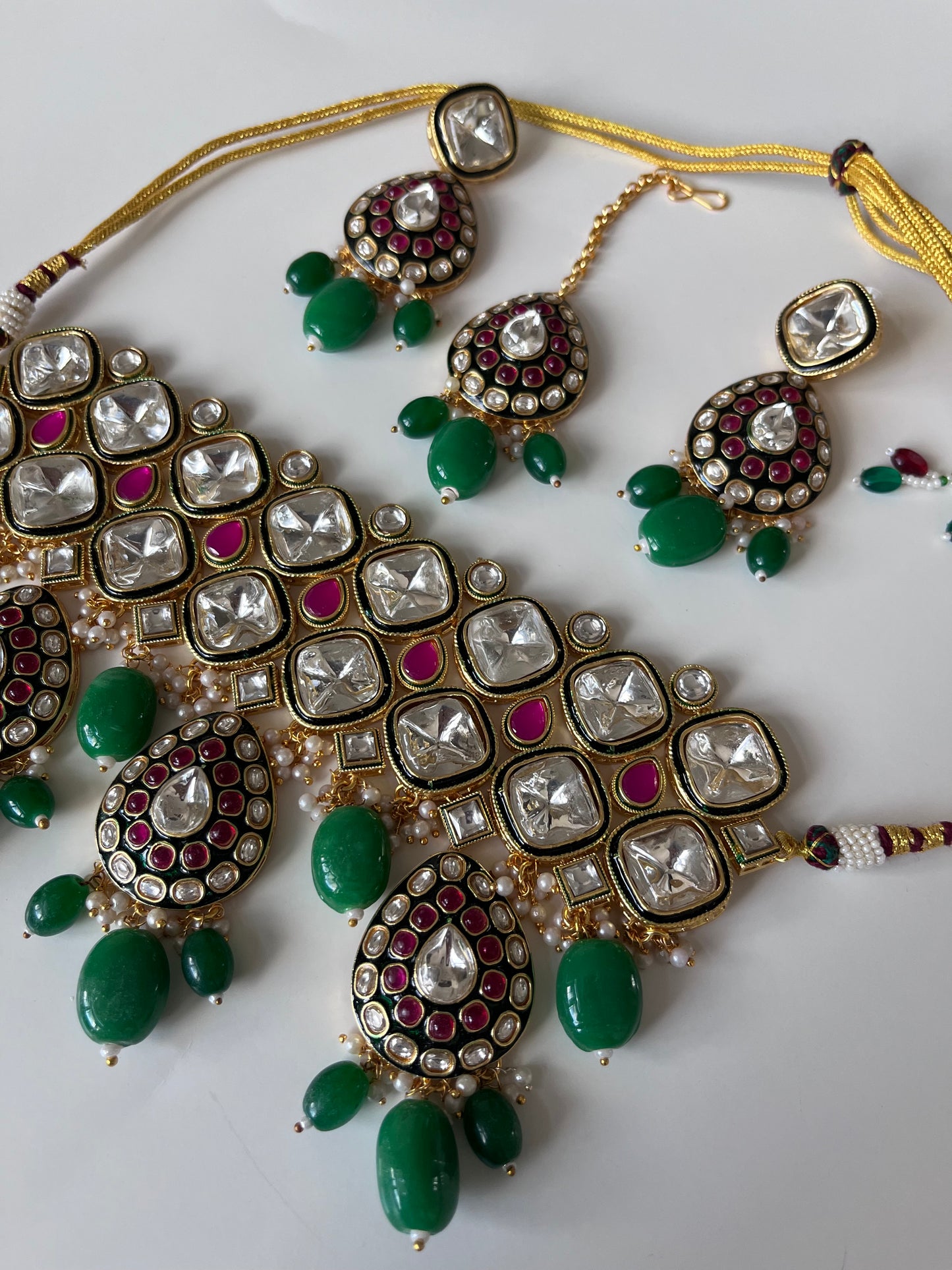 Pink Green Kundan Statement Set