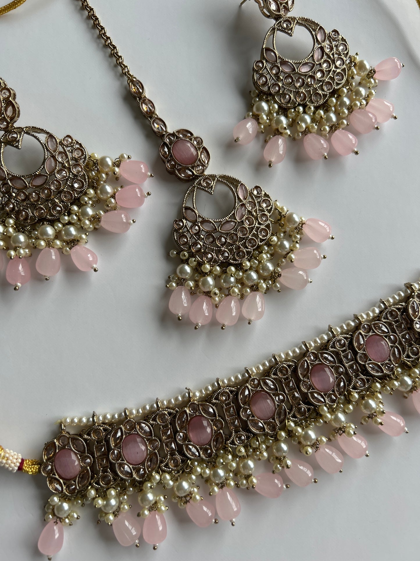 Baby Pink Necklace Earrings Tikka Set
