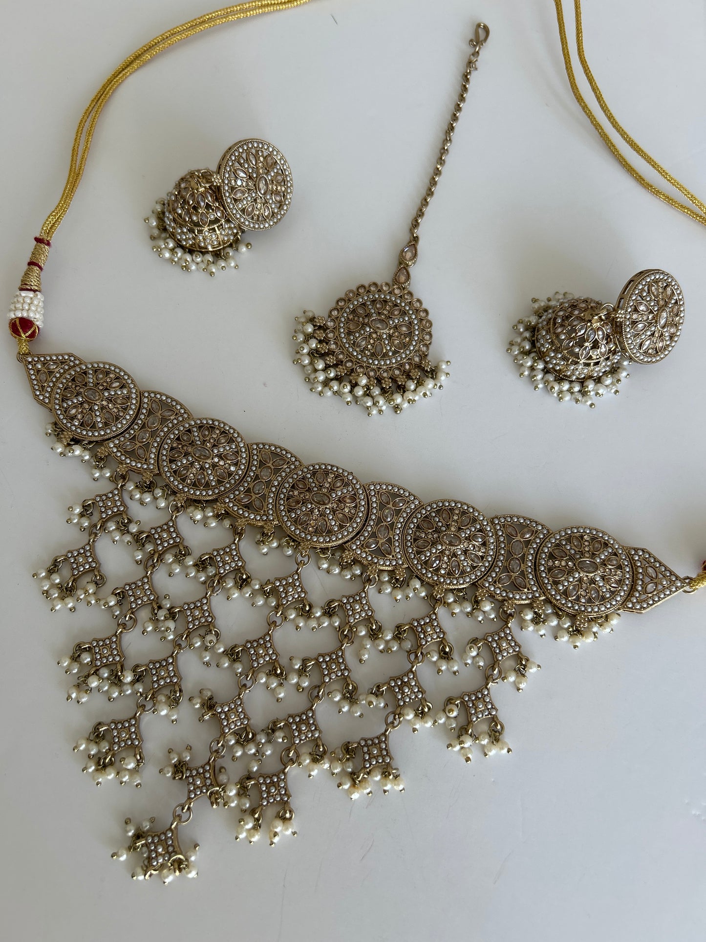 Pearl Circle Necklace Earrings Tikka Set
