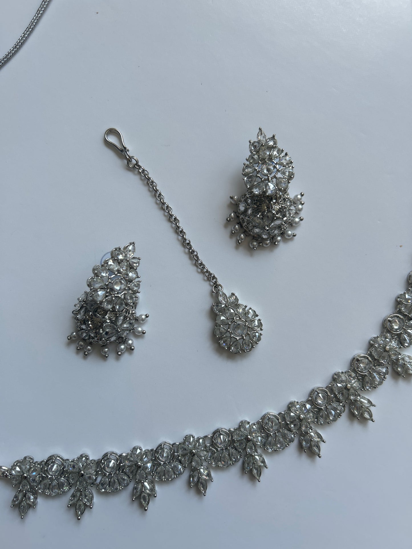Silver Elegant Chic Necklace Earrings Tikka Set