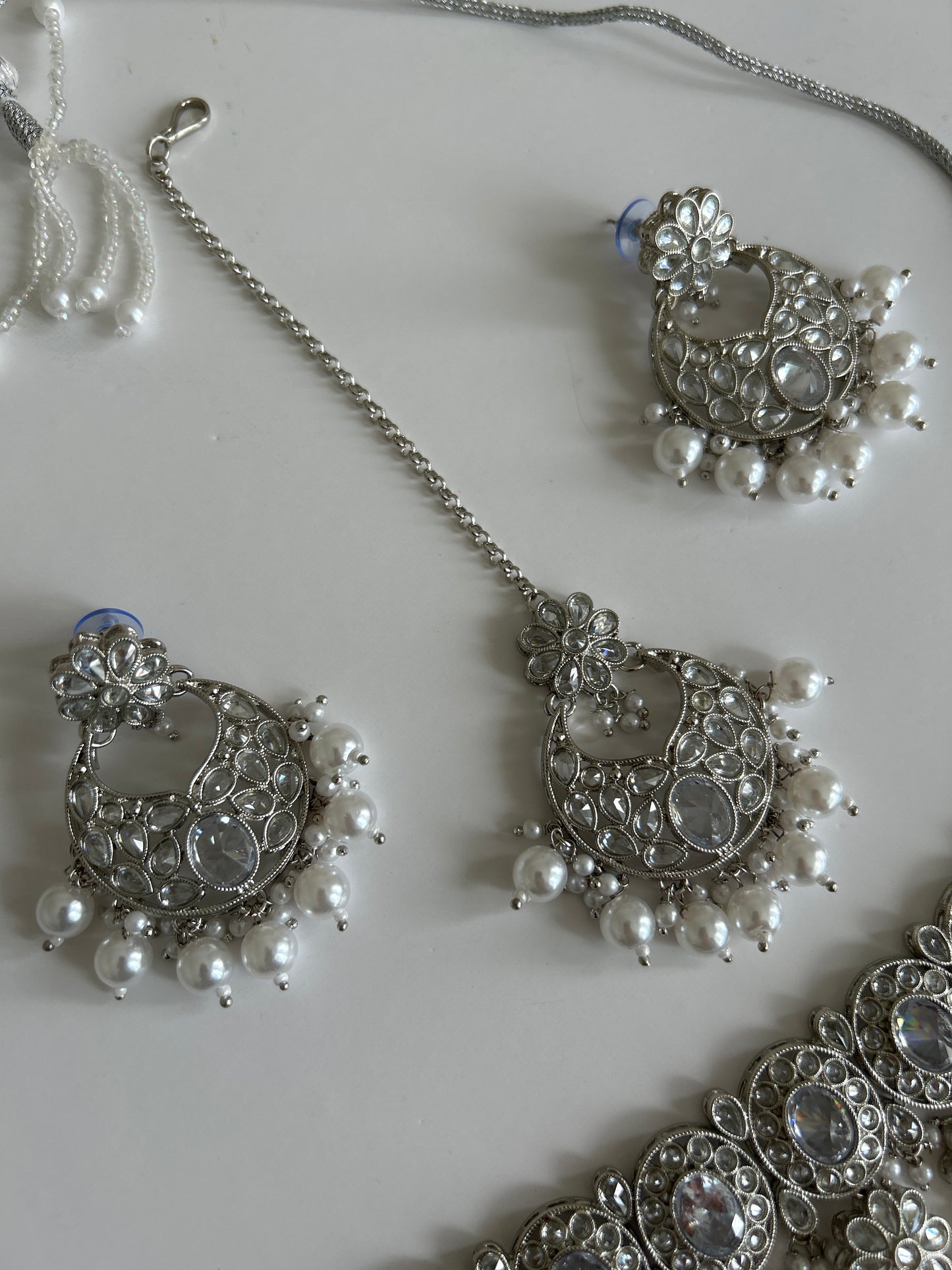 Flower Drop Crystal Necklace Earrings Tikka Set