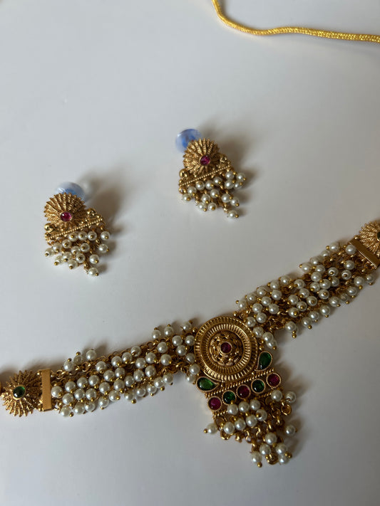 Faux Gold Pearl Necklace Earrings