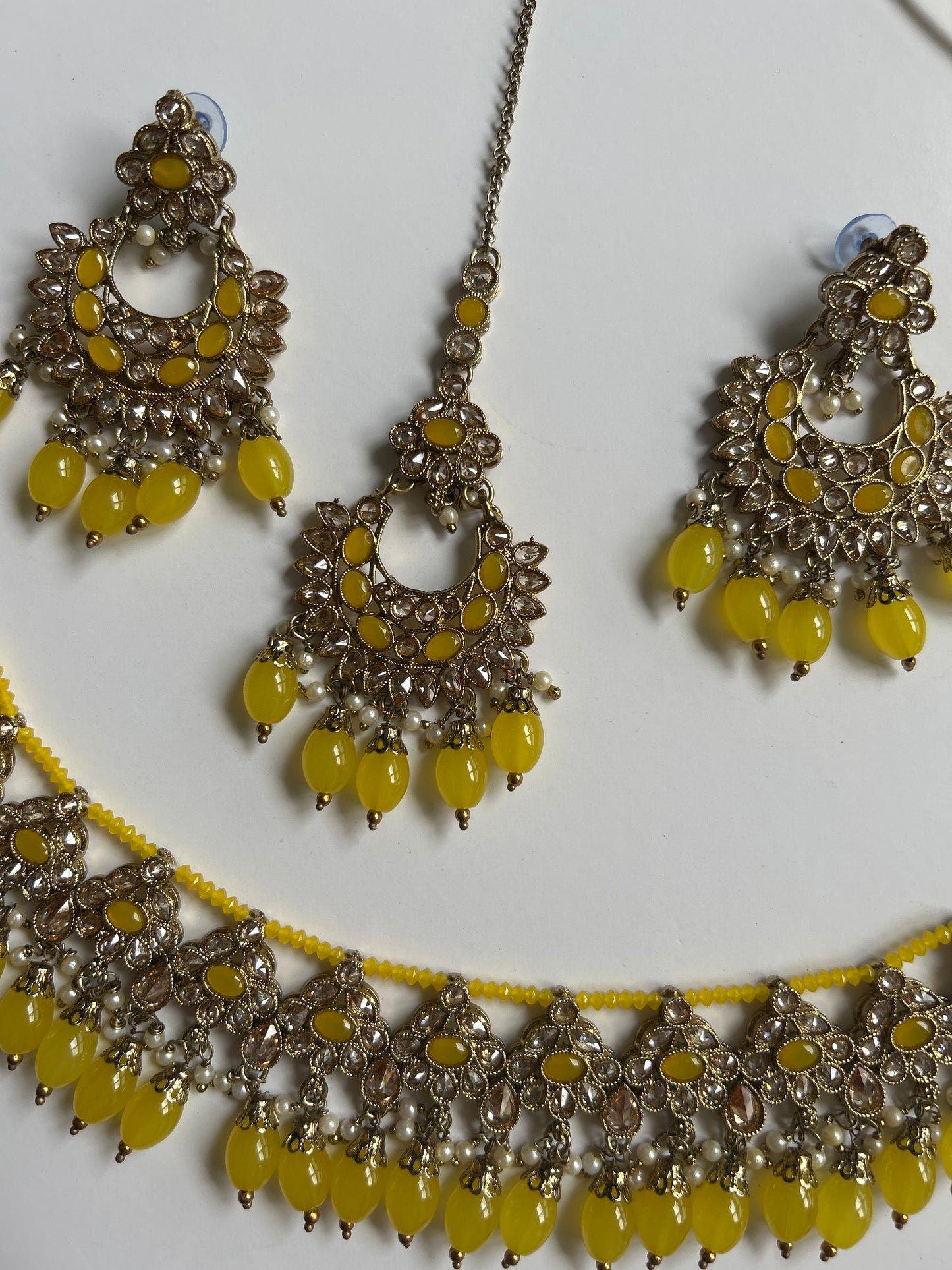 Floral Yellow Necklace Earrings Tikka Set