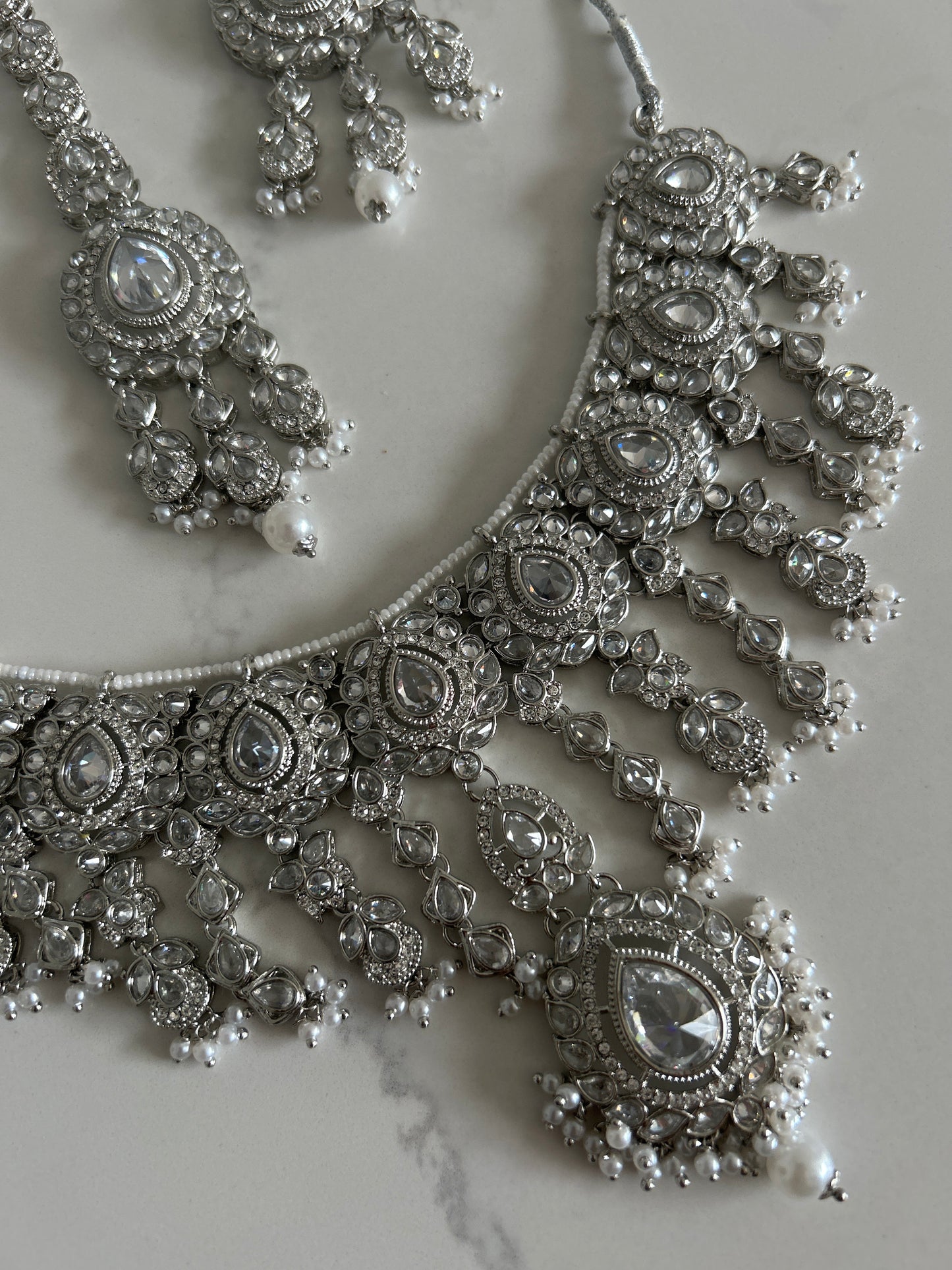 Silver Rainfall Earrings Tikka Necklace Set