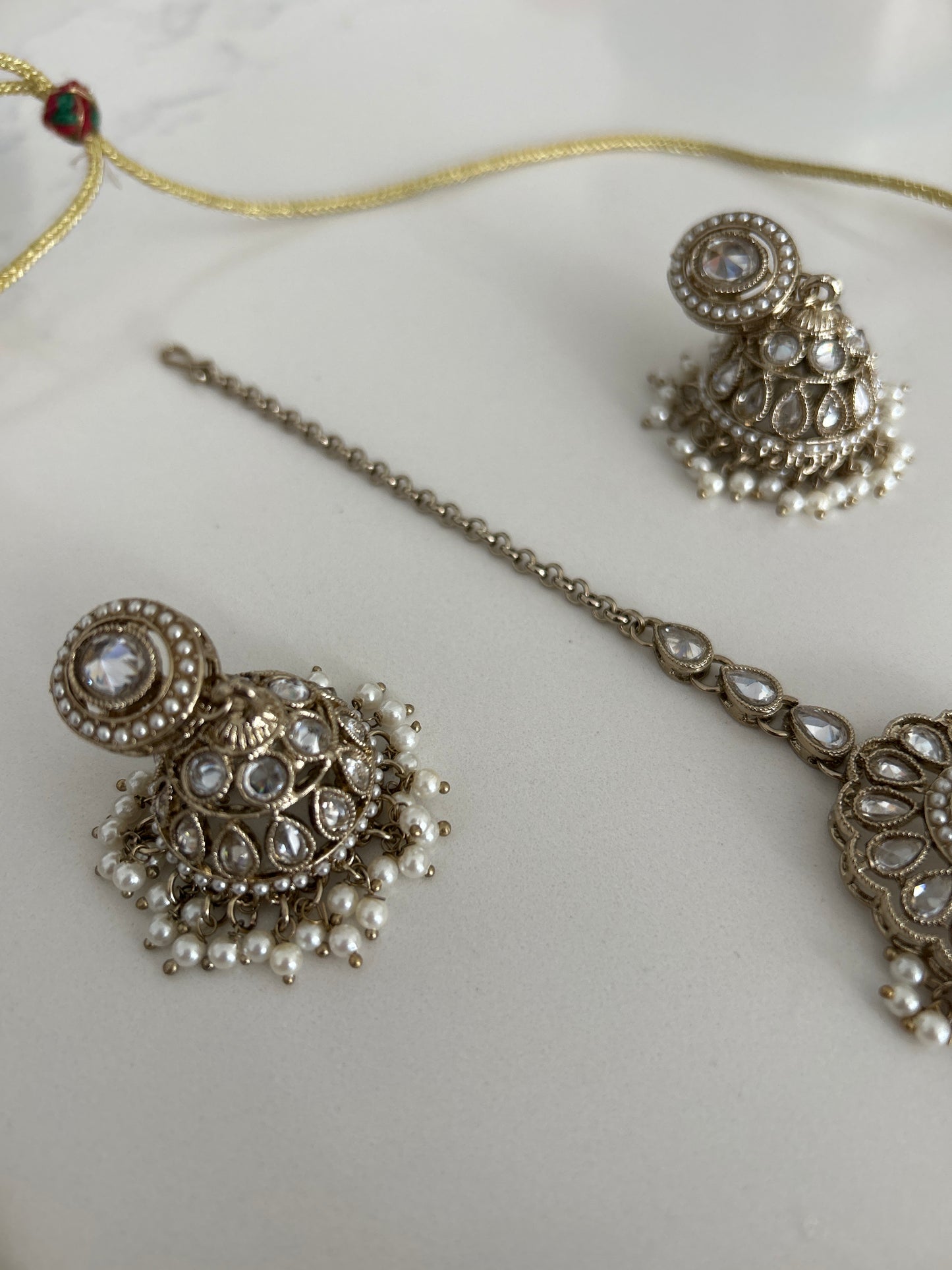 White Elegant Necklace Earrings Tikka Set