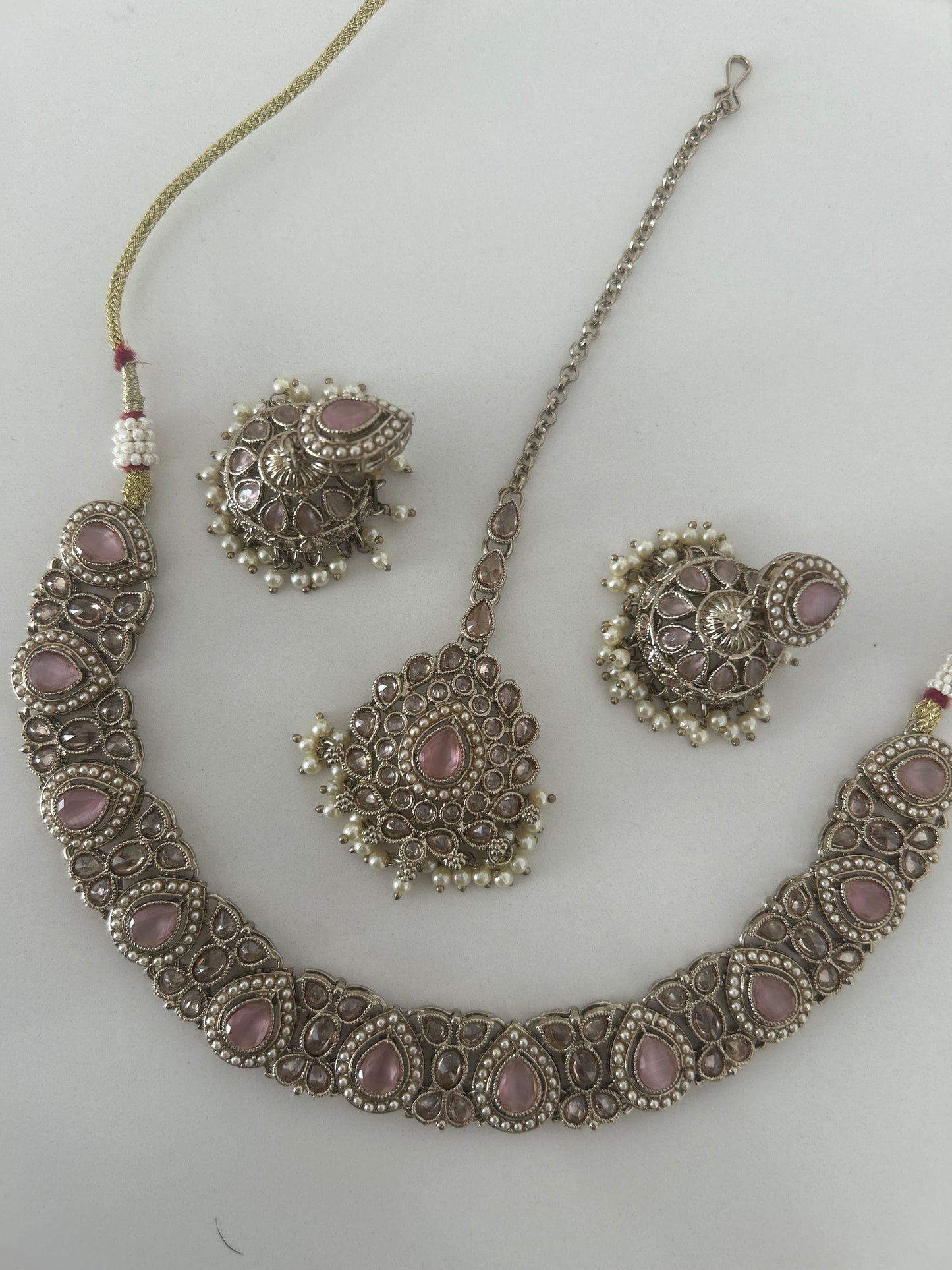 Pink Necklace Earrings Tikka Set
