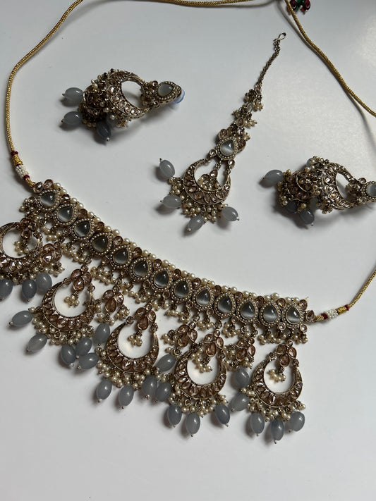 Gray Chandelier Necklace Earrings Tikka Set