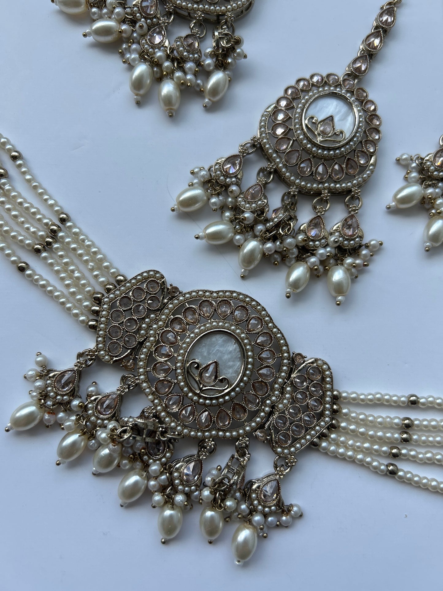 Marble Pearl Gold Necklace Earrings Tikka Set