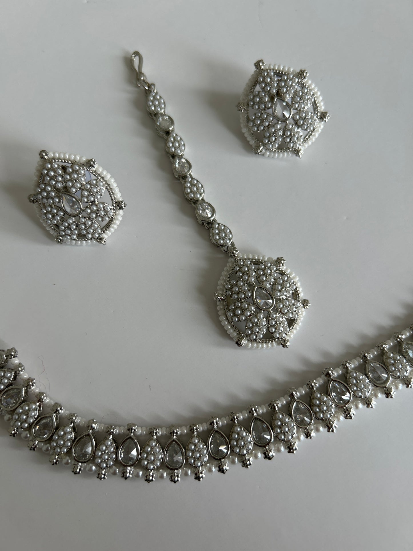 Pearl Crystal Necklace Earrings Tikka Set
