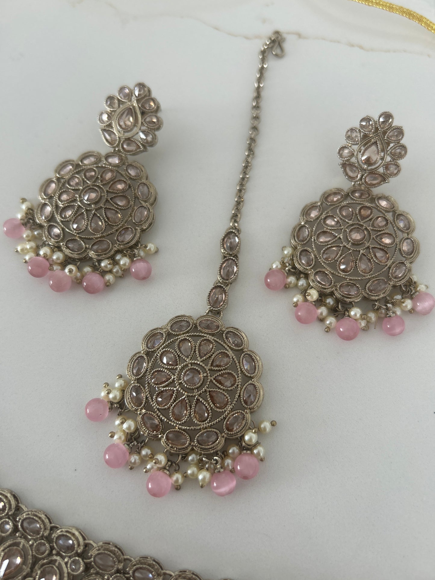 Pink Necklace Earrings Tikka Set