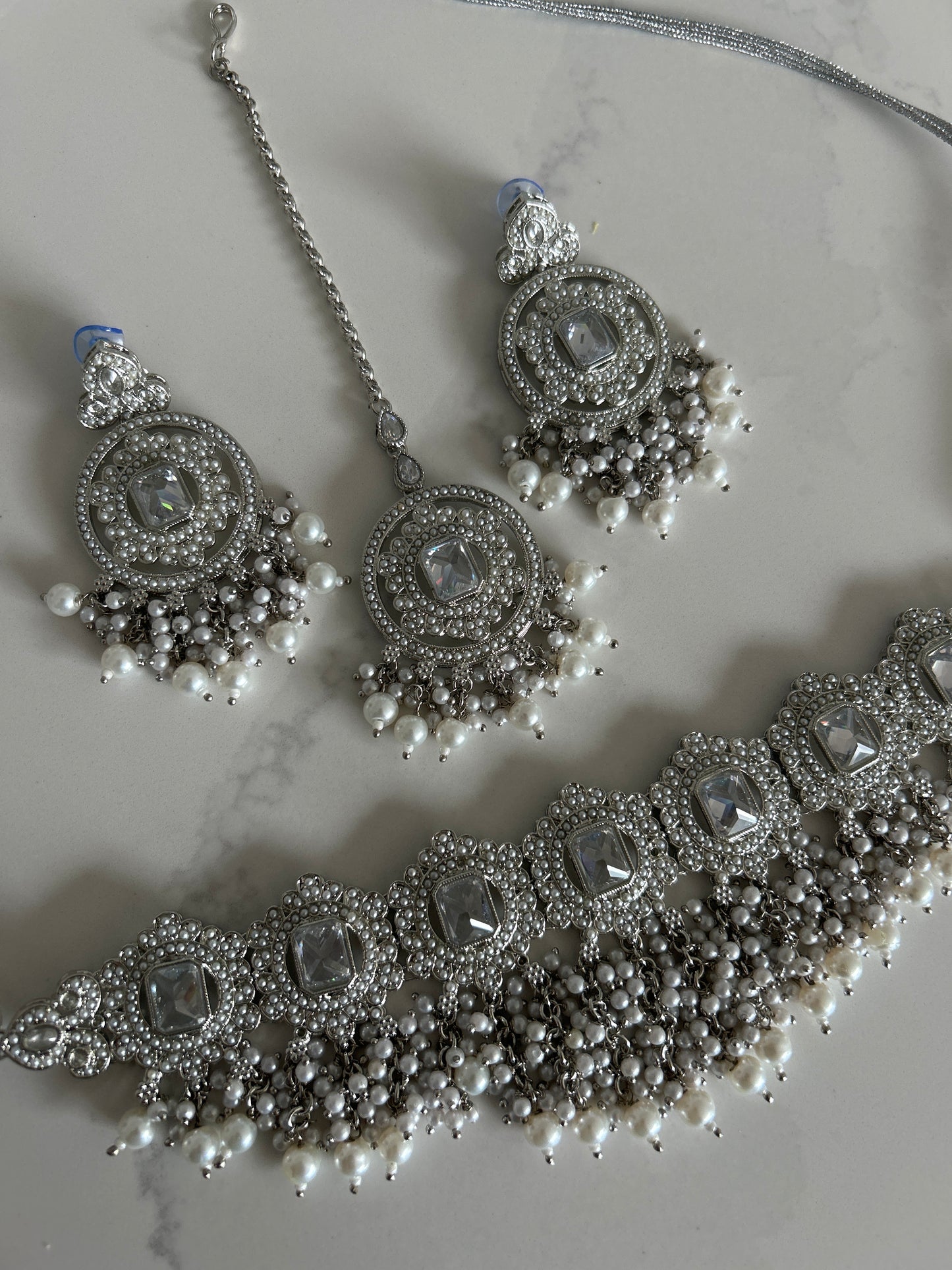 Silver Elegant Choker Earring Tikka Necklace Set