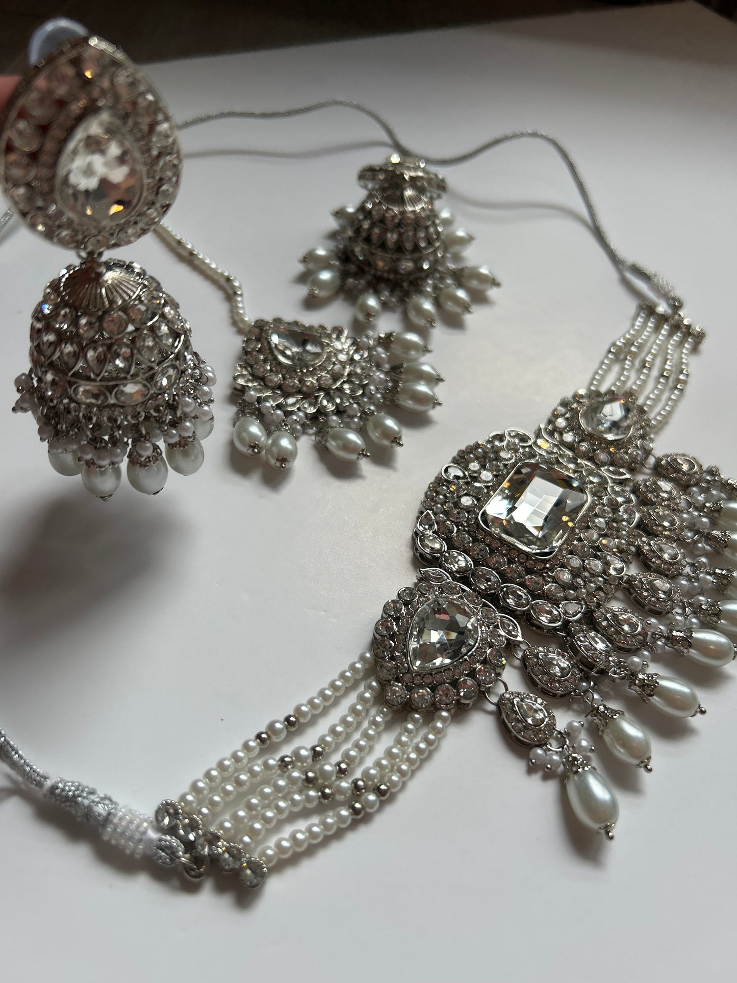 Glamour Silver Necklace Earrings Tikka Set