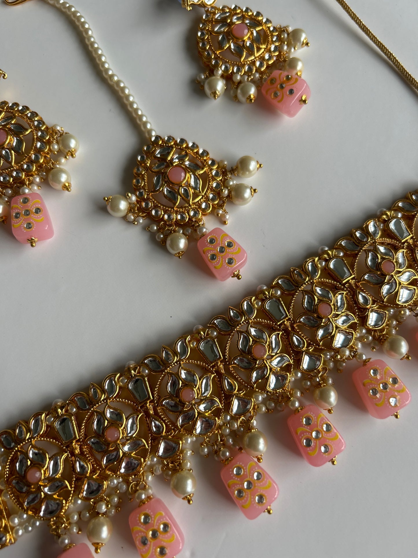 Pink Gold Necklace Earrings Tikka Set