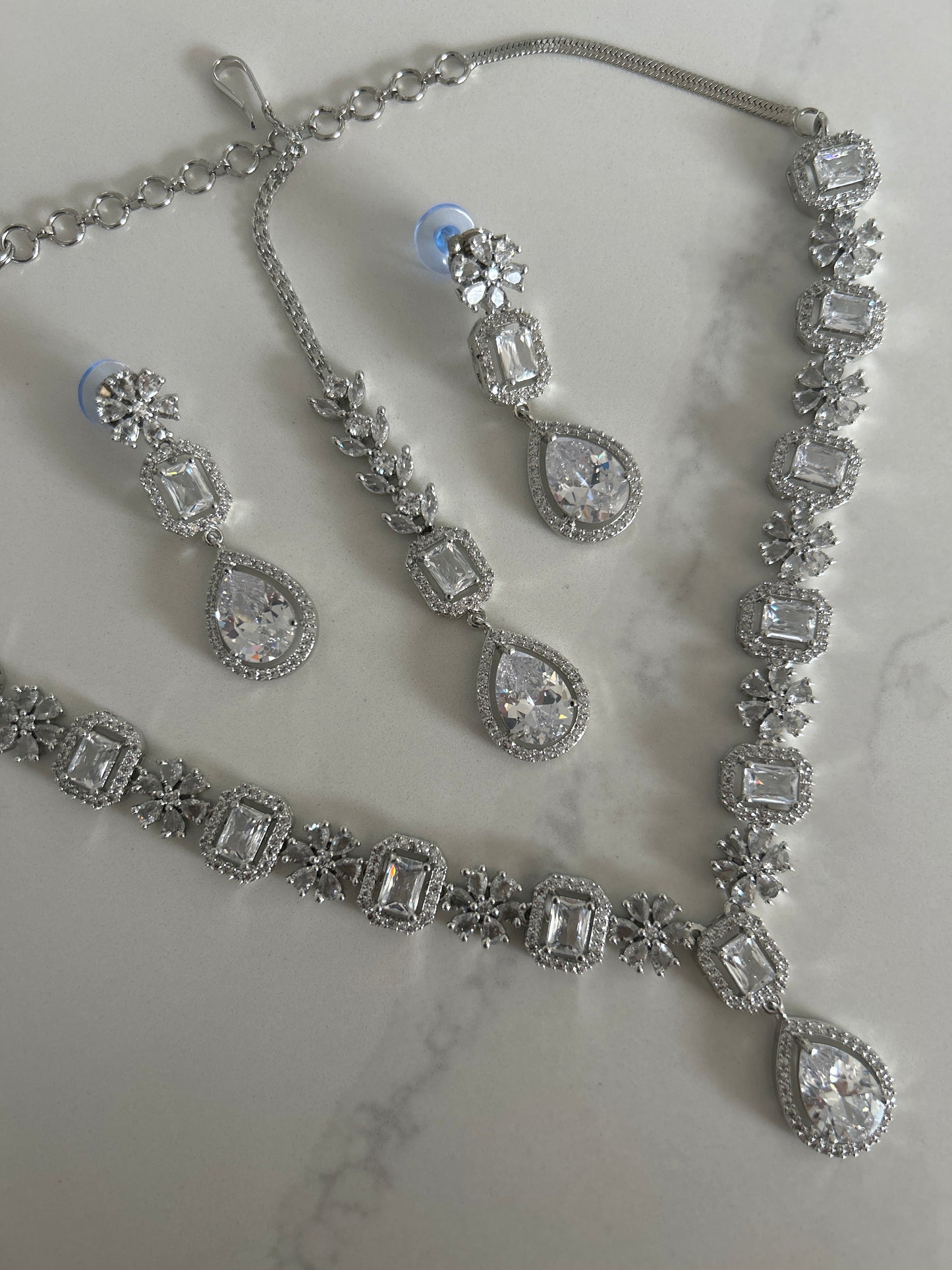 American Diamond Silver Earring Tikka Necklace Set