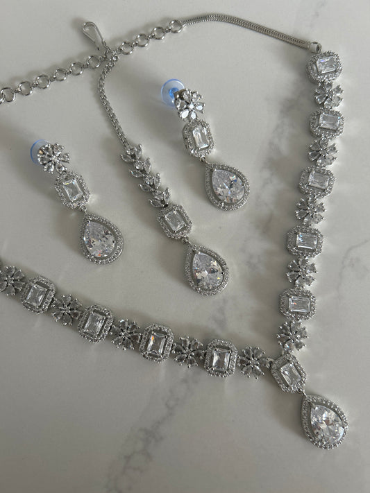 American Diamond Silver Earring Tikka Necklace Set