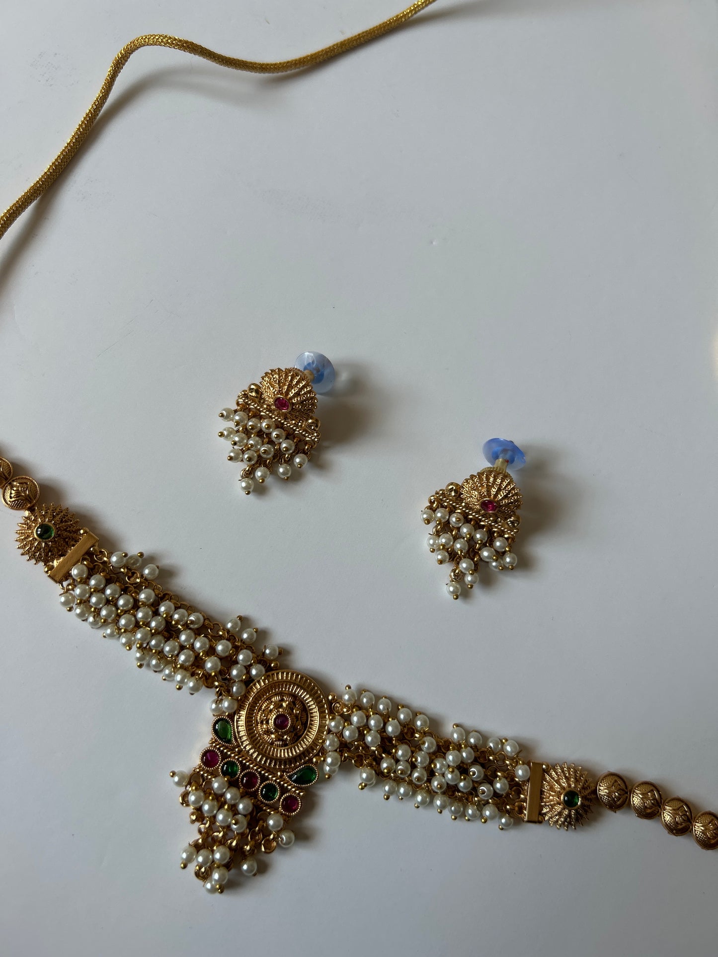 Faux Gold Pearl Necklace Earrings
