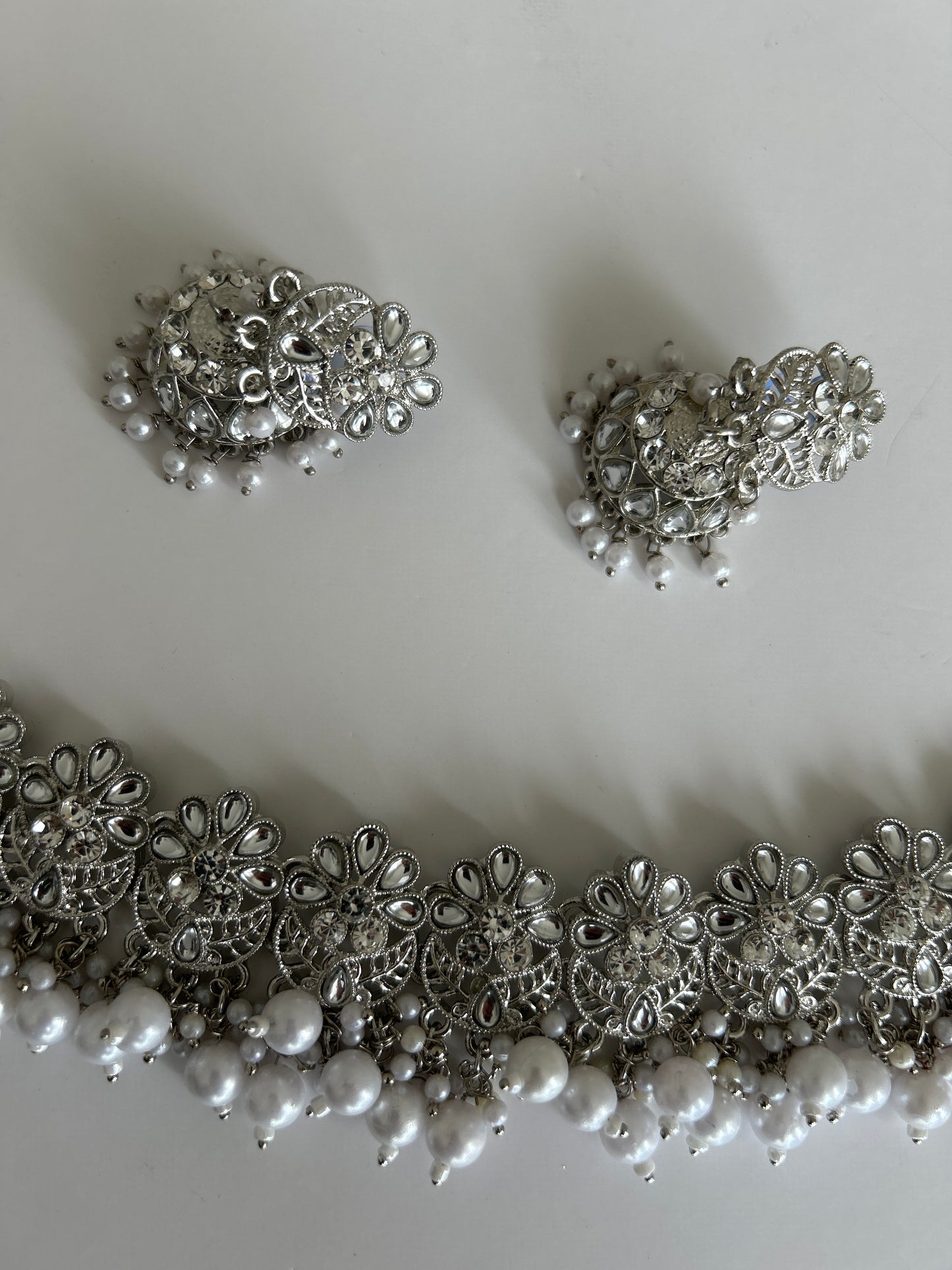 Flower Silver Necklace Earrings Tikka Set