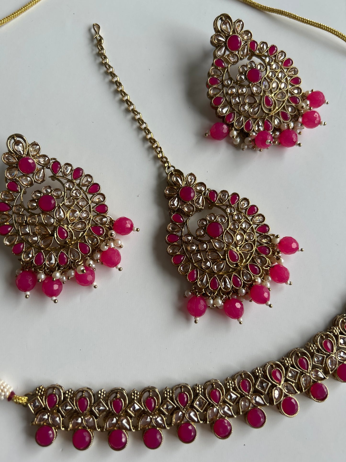 Fushia Pink Necklace Earrings Tikka Set