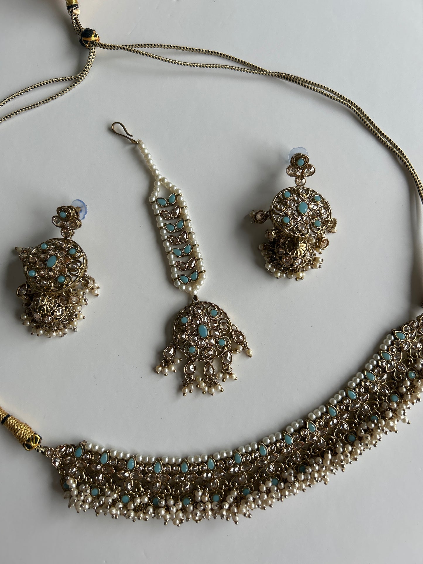 Aqua Pearls Necklace Earrings Tikka Set