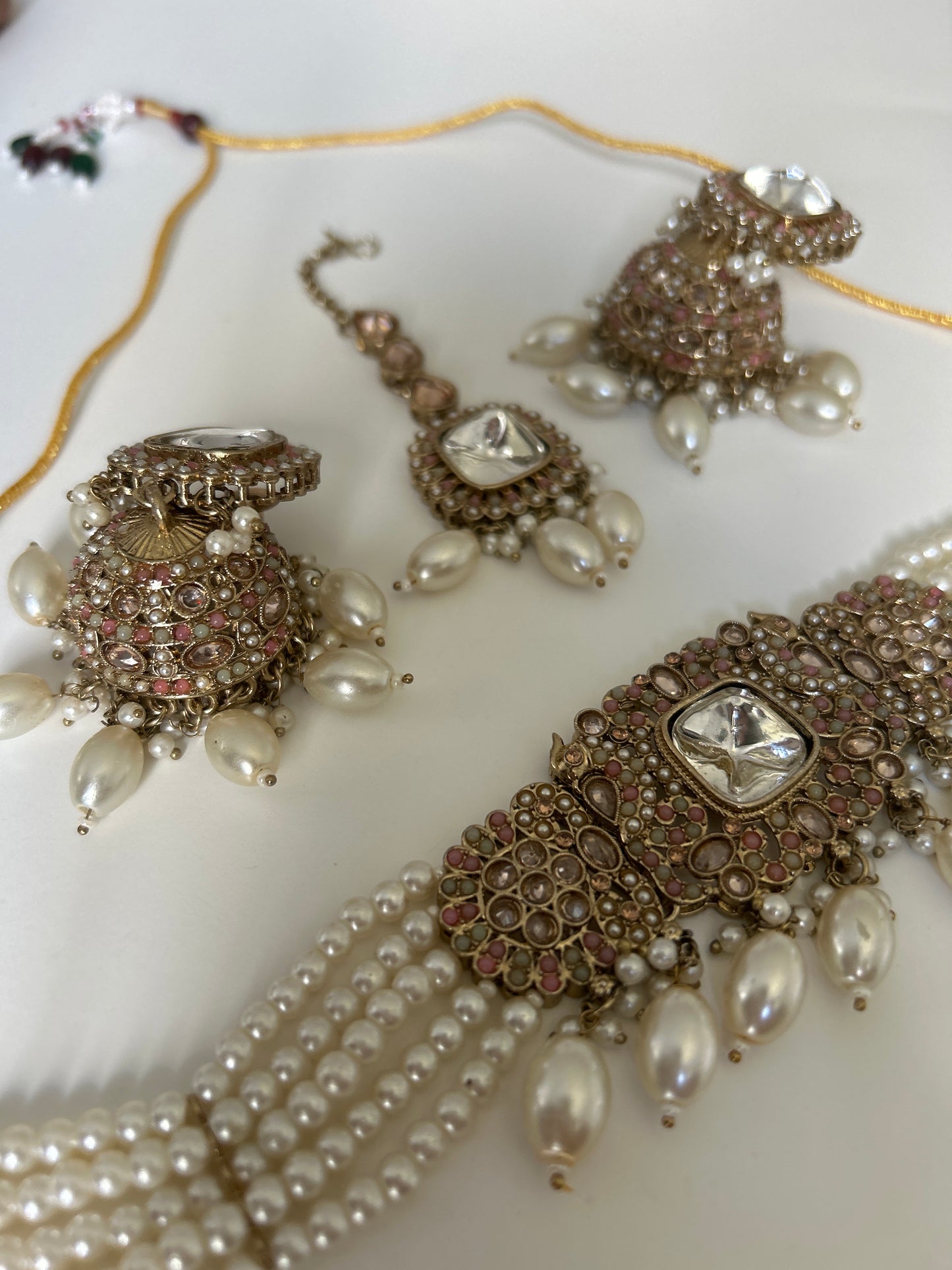 Suede Pink Pearl Necklace Earrings Tikka Set