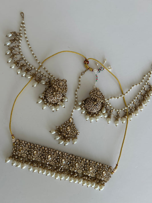 Gold Jumke Sahara Necklace Earrings Tikka Set